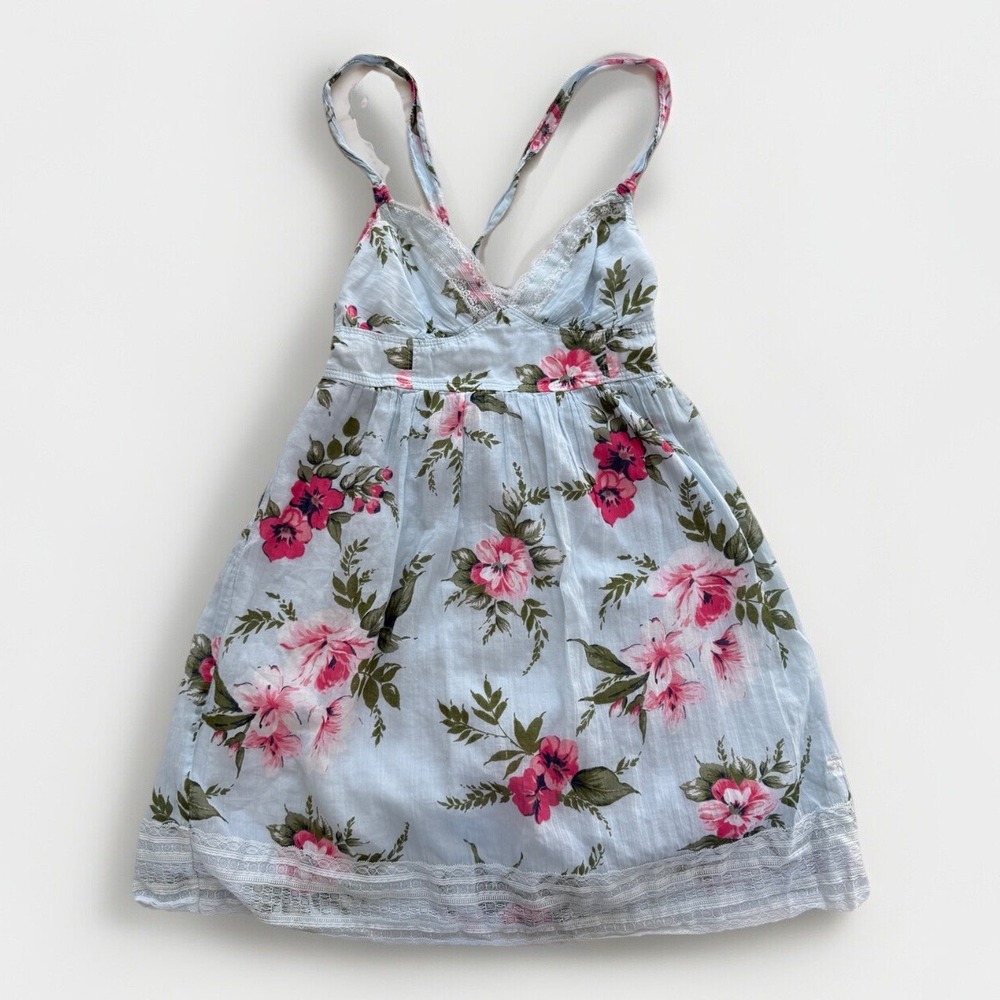 Abercrombie & Fitch Womens Babydoll Dress Size M Petite White Blue Pink Floral